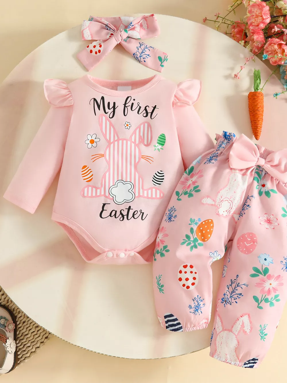 Children's Easter Bunny Long Sleeve Bodysuit and Pants Set with Headband