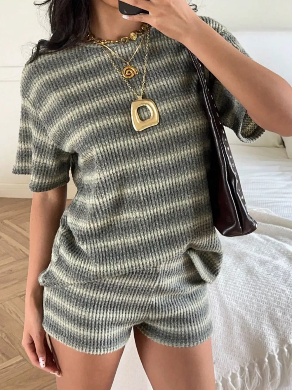 Striped Textured Knit Top and Shorts Set, image 2
