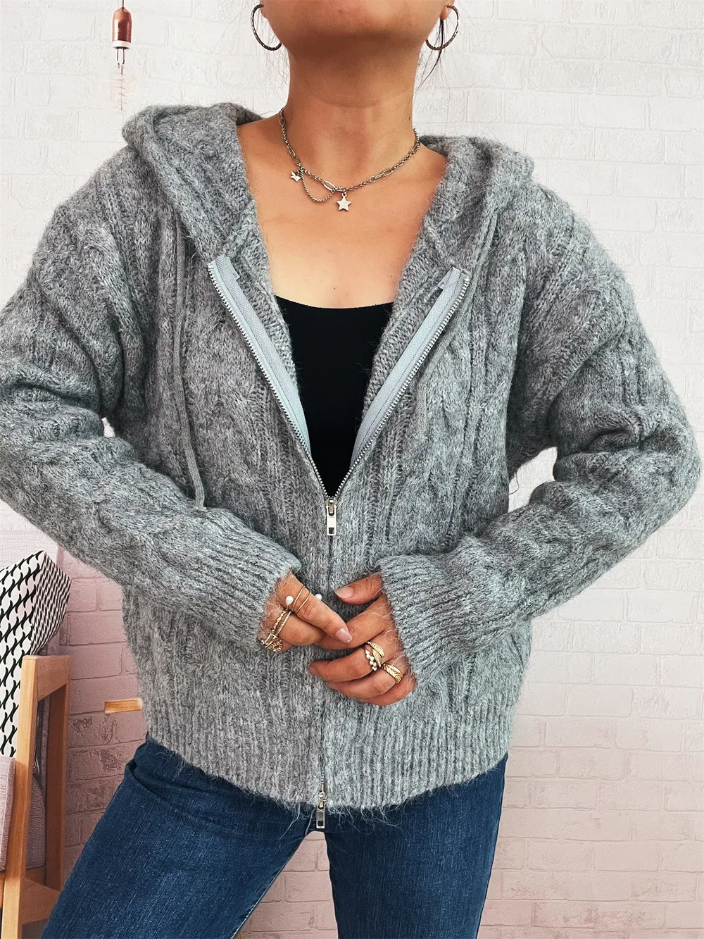 Cable Knit Hooded Zip-Up Cardigan, image 4