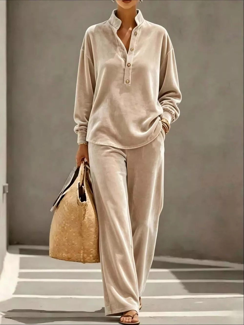 Full Size Half Button Top and Wide Leg Pants Set Plus Size, image 7