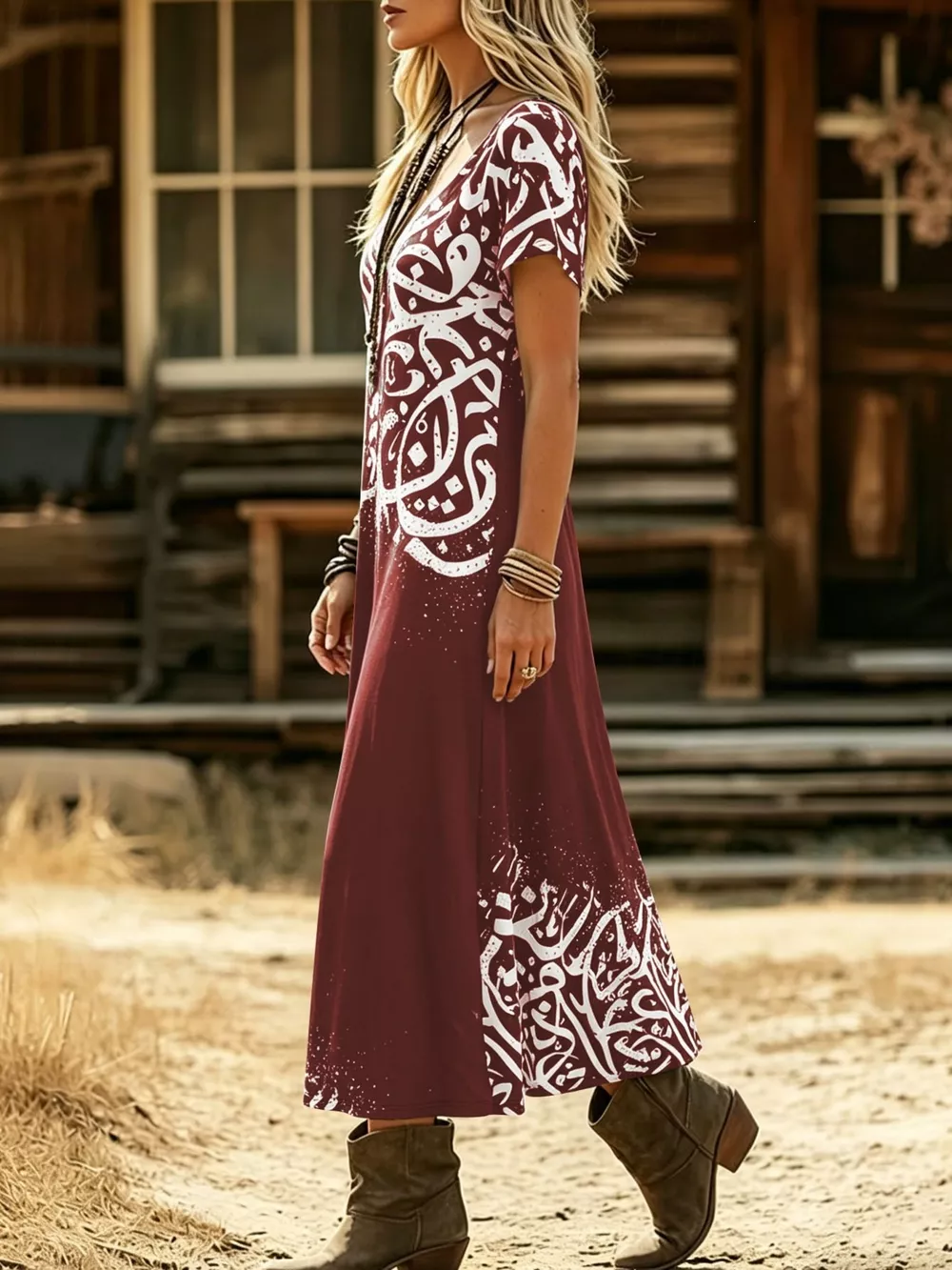 Printed Short Sleeve Midi Dress, image 6