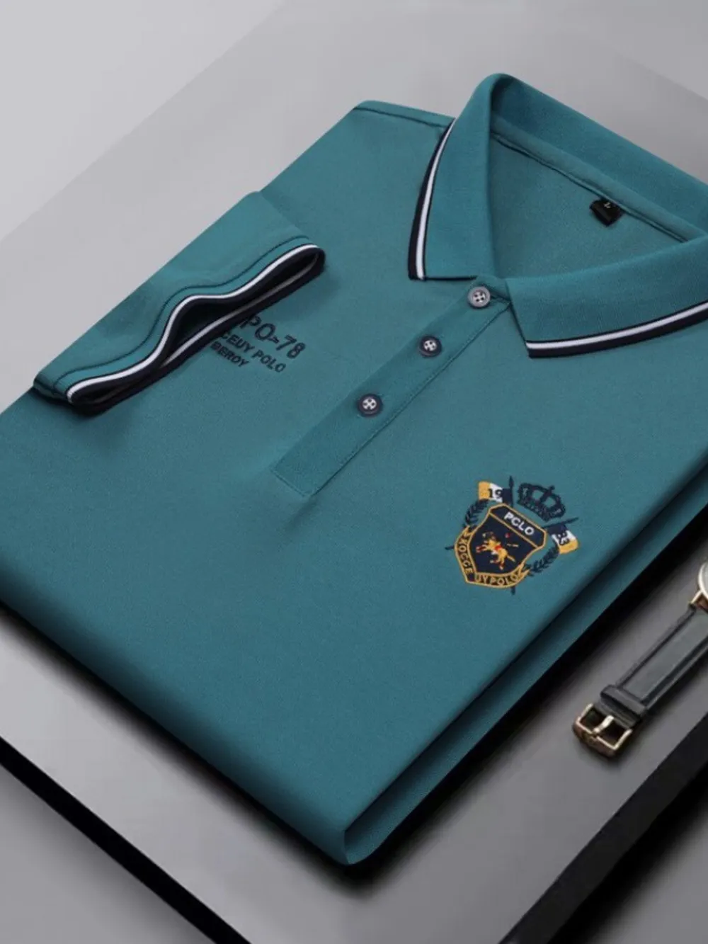 Men's Plus Size Embroidered Detail Short Sleeve Polo, image 5
