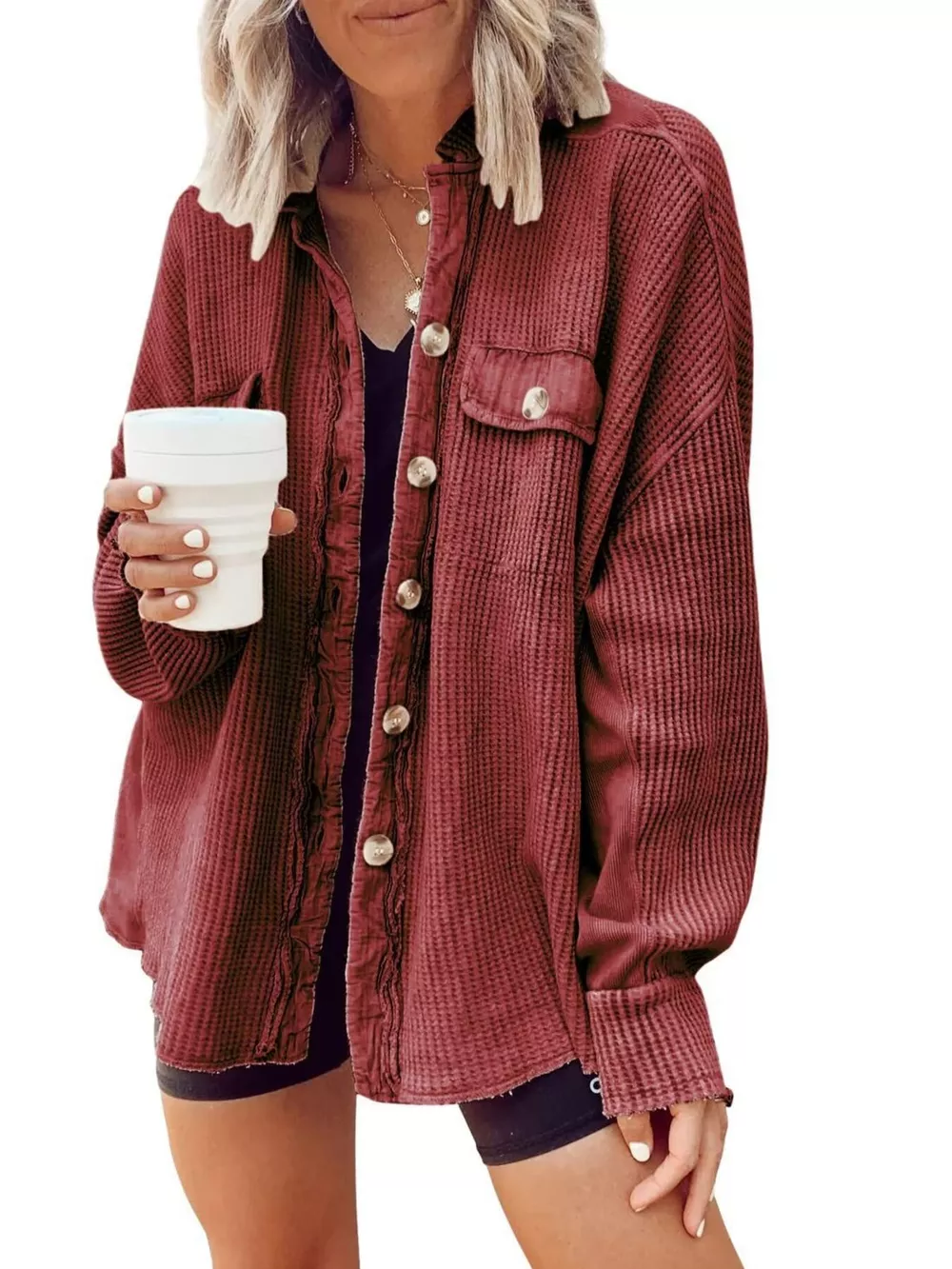 Oversized Waffle Knit Button-Up Jacket, image 3