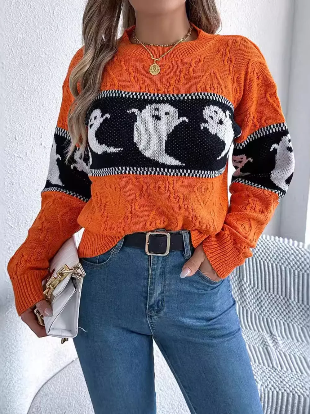 Halloween Ghost Pattern Textured Sweater, image 2