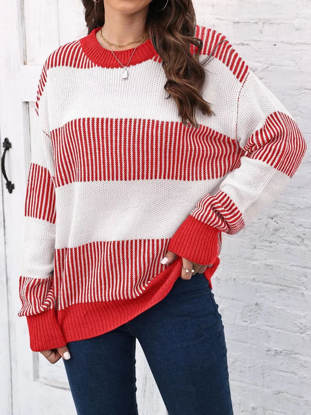 Full Size Striped Color Block Crew Neck Sweater Plus Size, image 2