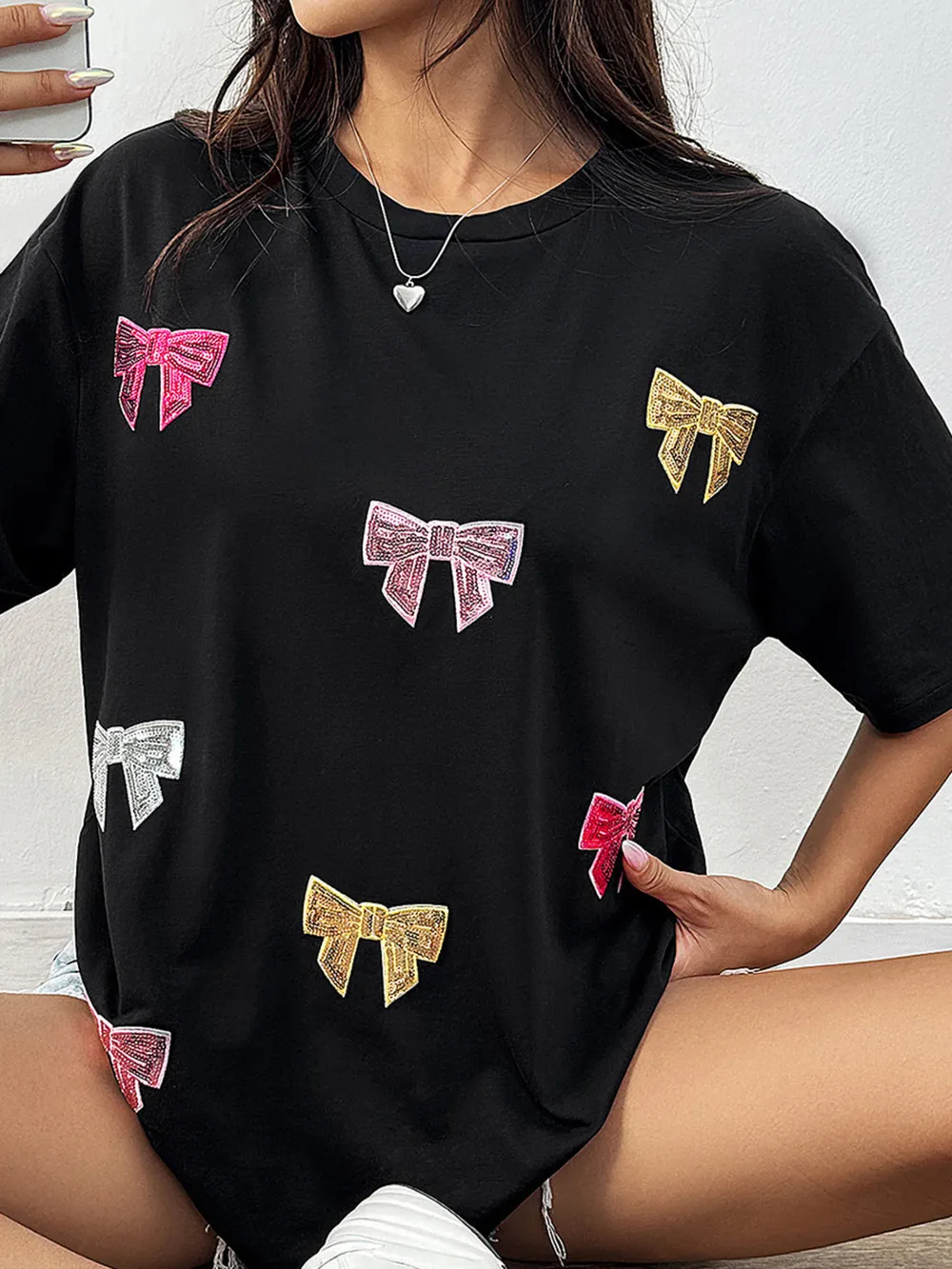 Sequin Bow Round Neck Short Sleeve T-Shirt, image 4