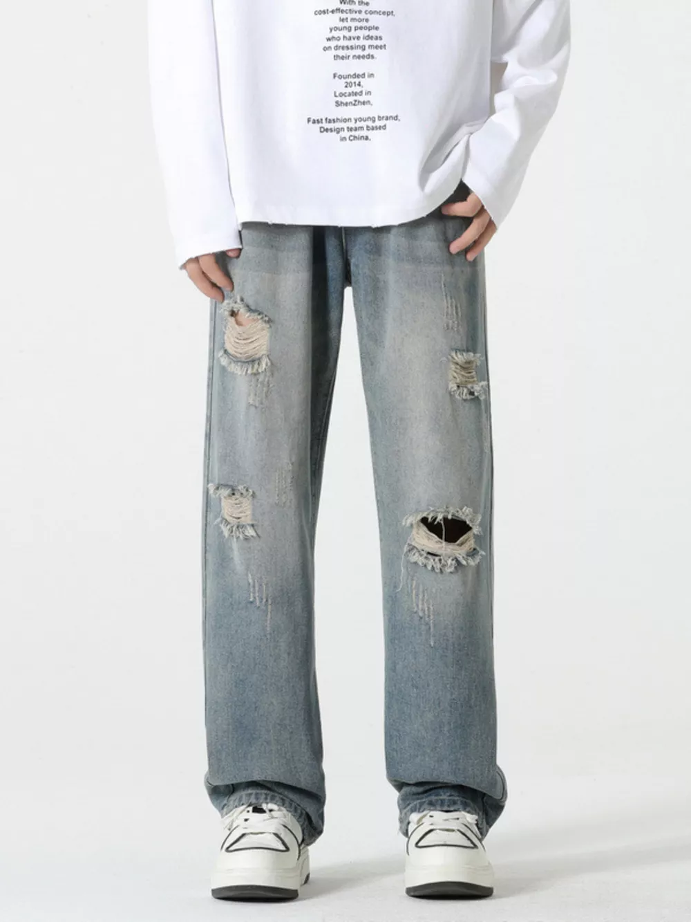 Men's Full Size Distressed Wide Leg Jeans Plus Size