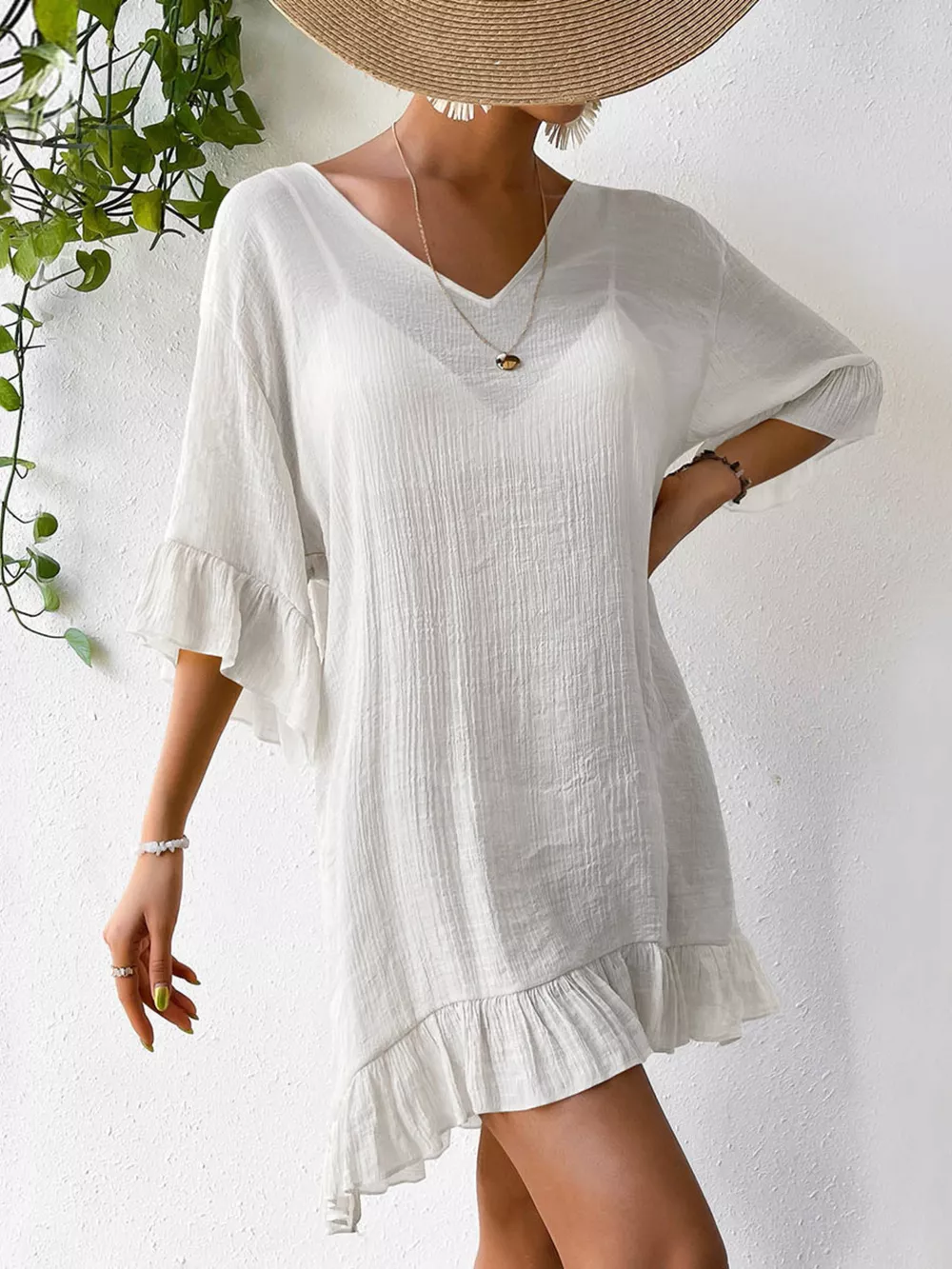 Ruffle Trim Butterfly Back V-Neck Cover-Up Dress, image 4