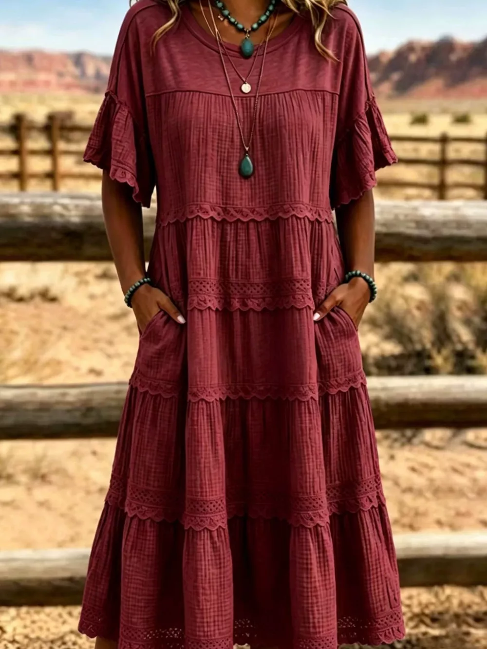 Full Size Tiered Ruffle Sleeve Midi Dress with Pockets Plus Size, image 2