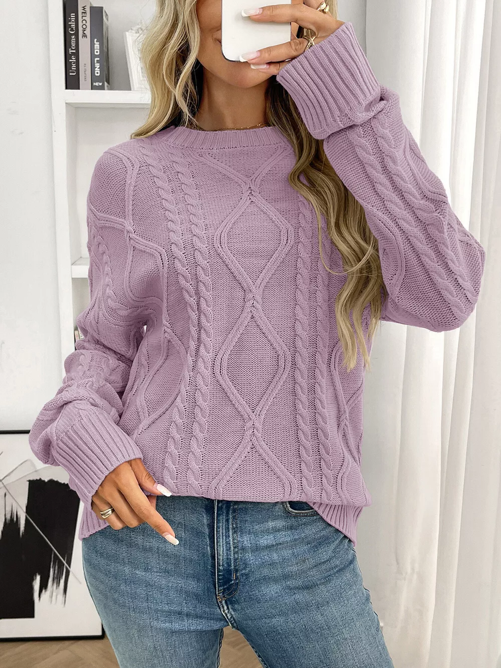 Cable Knit Round Neck Long Sleeve Sweater, image 6