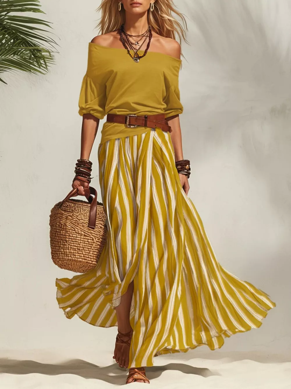 Off Shoulder Top and Striped Maxi Skirt Set, image 12