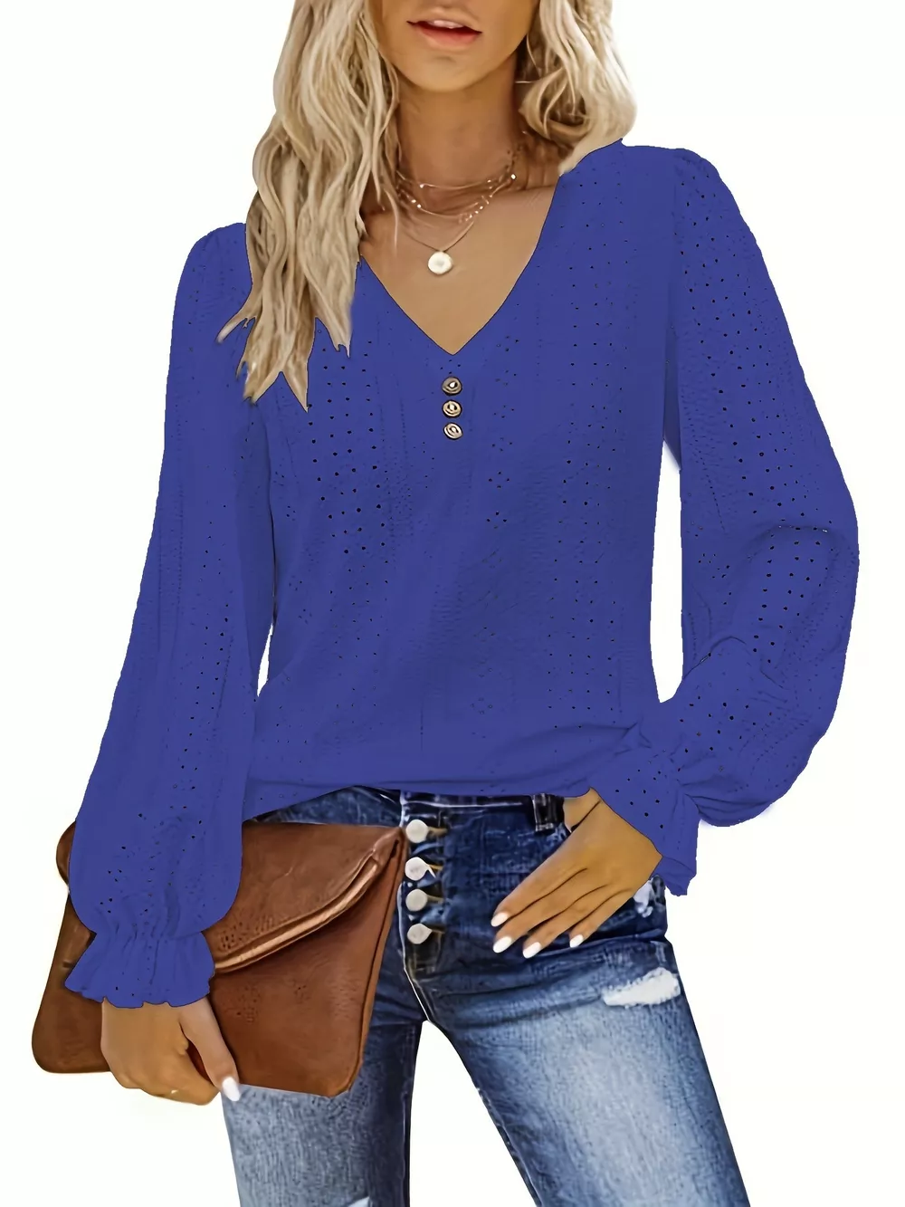 Plus Size Eyelet V-Neck Flounce Sleeve Blouse, image 2
