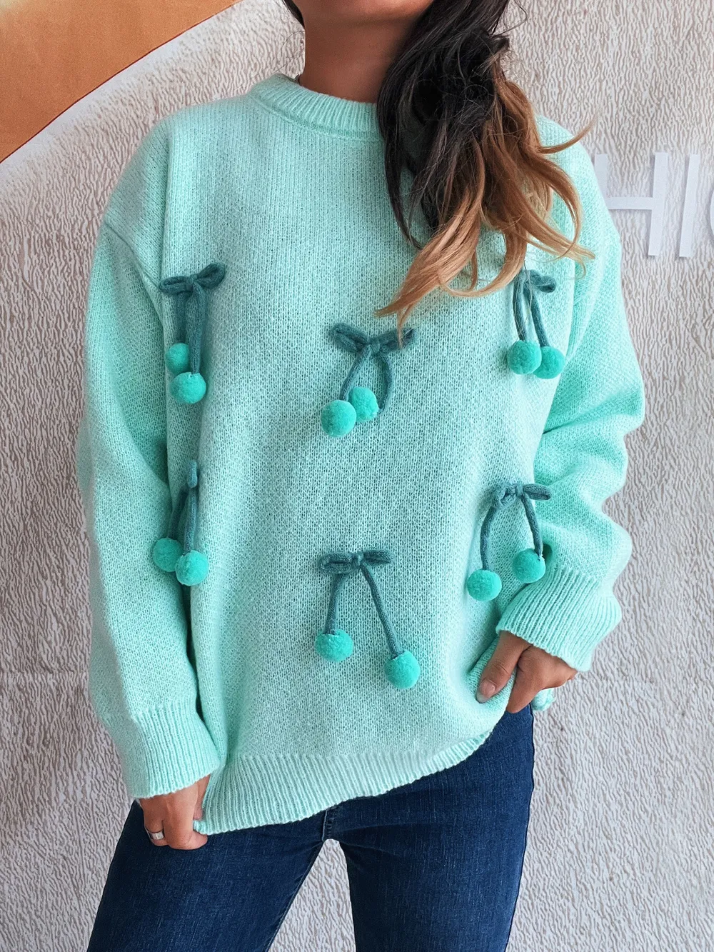 Cherry Round Neck Long Sleeve Sweater, image 7