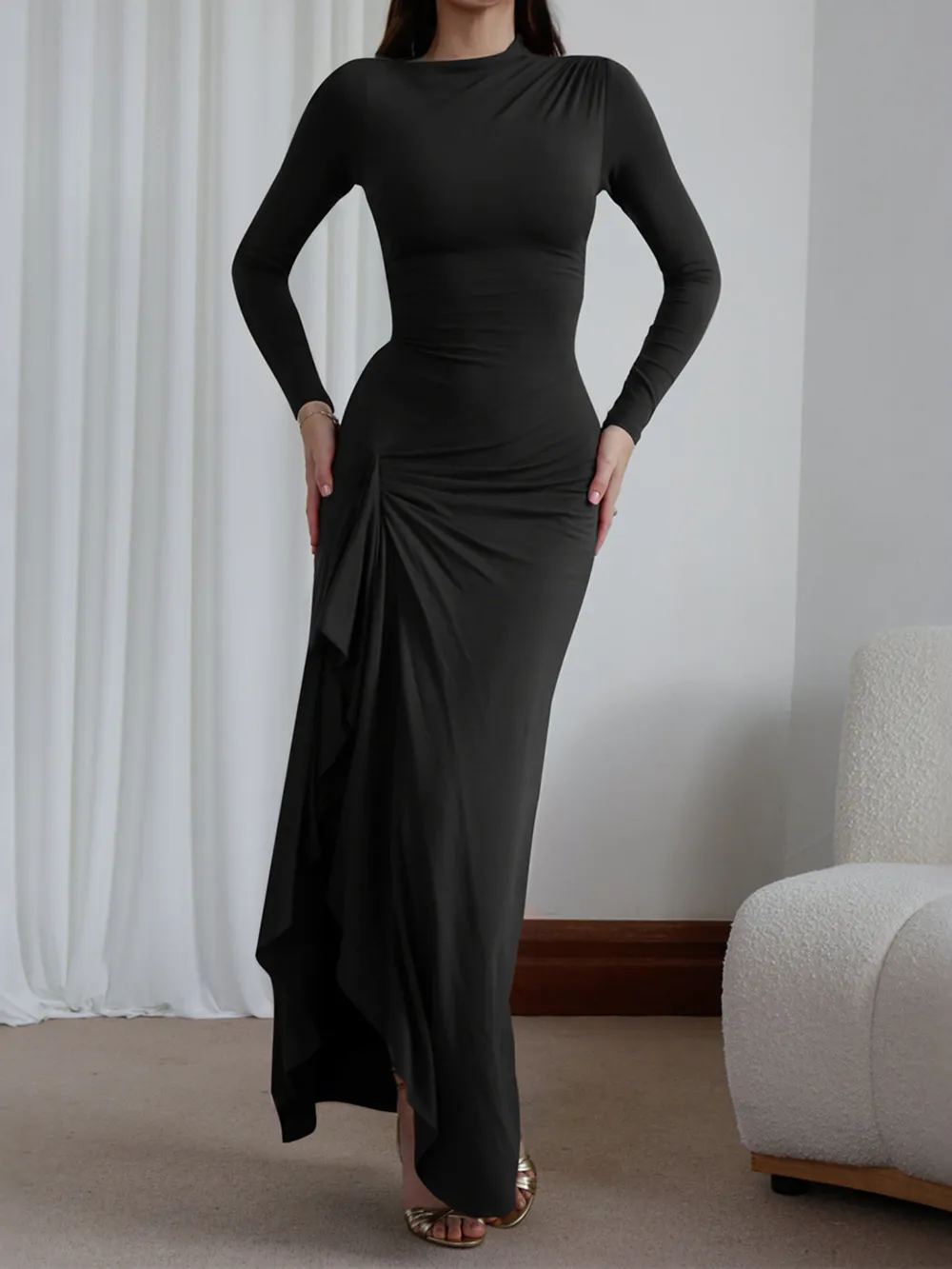 Ruched Long Sleeve Maxi Dress, image 5