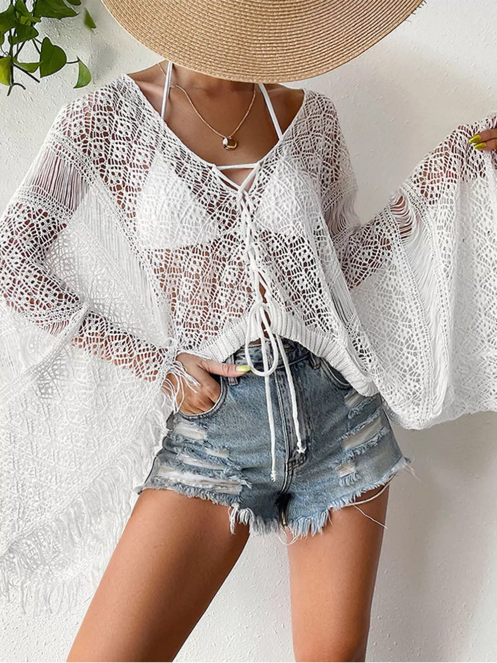 Crochet Knit Tie Front Cover-Up, image 7