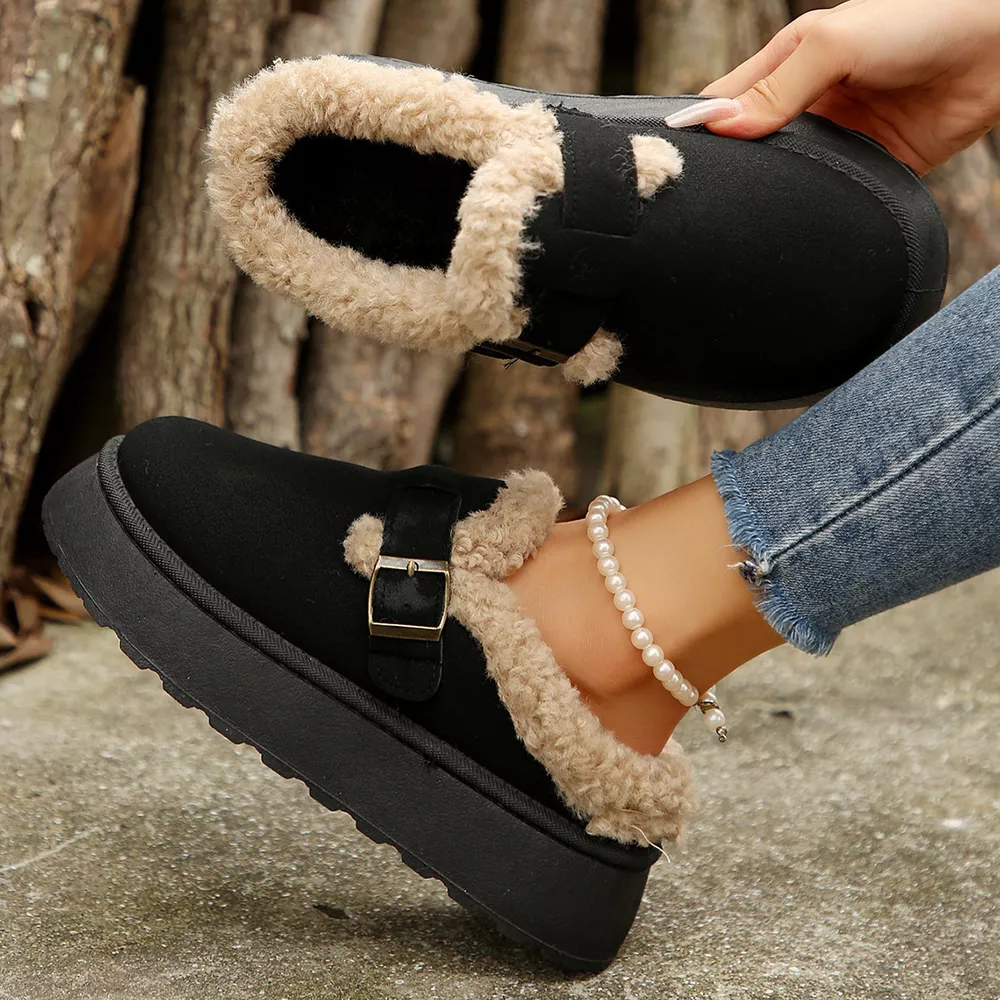 Fuzzy Trim Buckle Platform Slippers, image 4