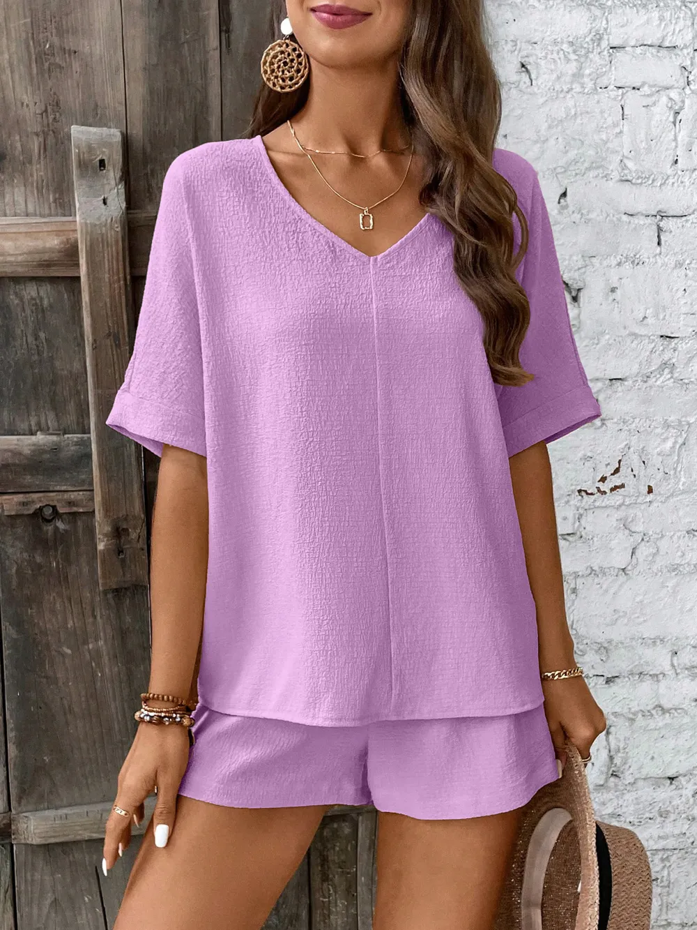 Relaxed Fit V-Neck Top and Shorts Two-Piece Set, image 11