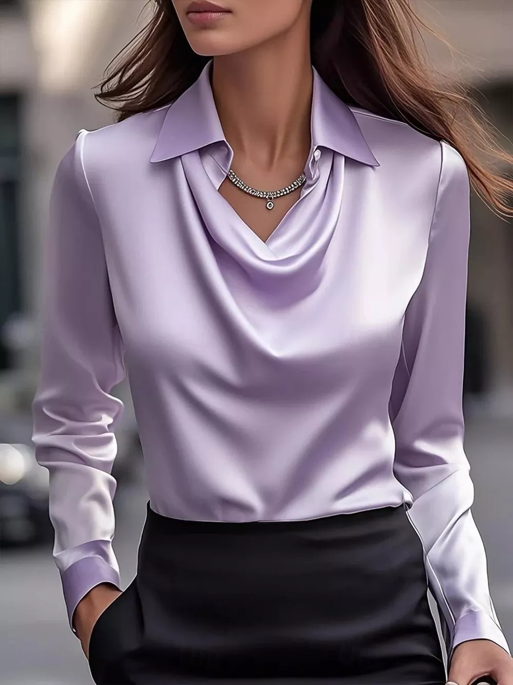 Ruched Long Sleeve Drape Collar Blouse, image 25