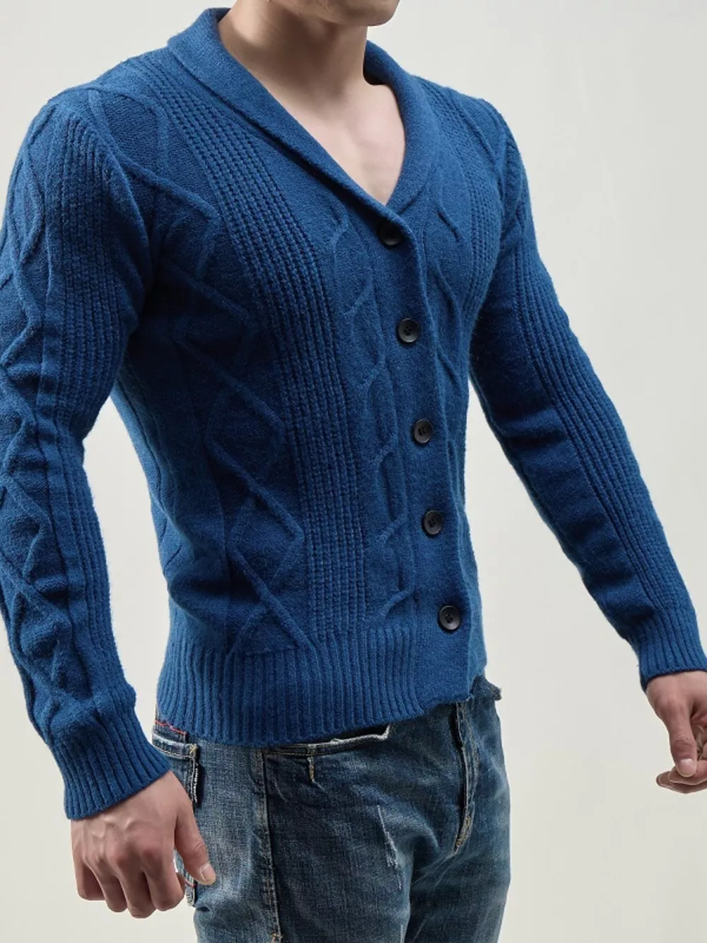 Men's Full Size Slim-Fit Cable Knit Shawl Collar Cardigan Plus Size