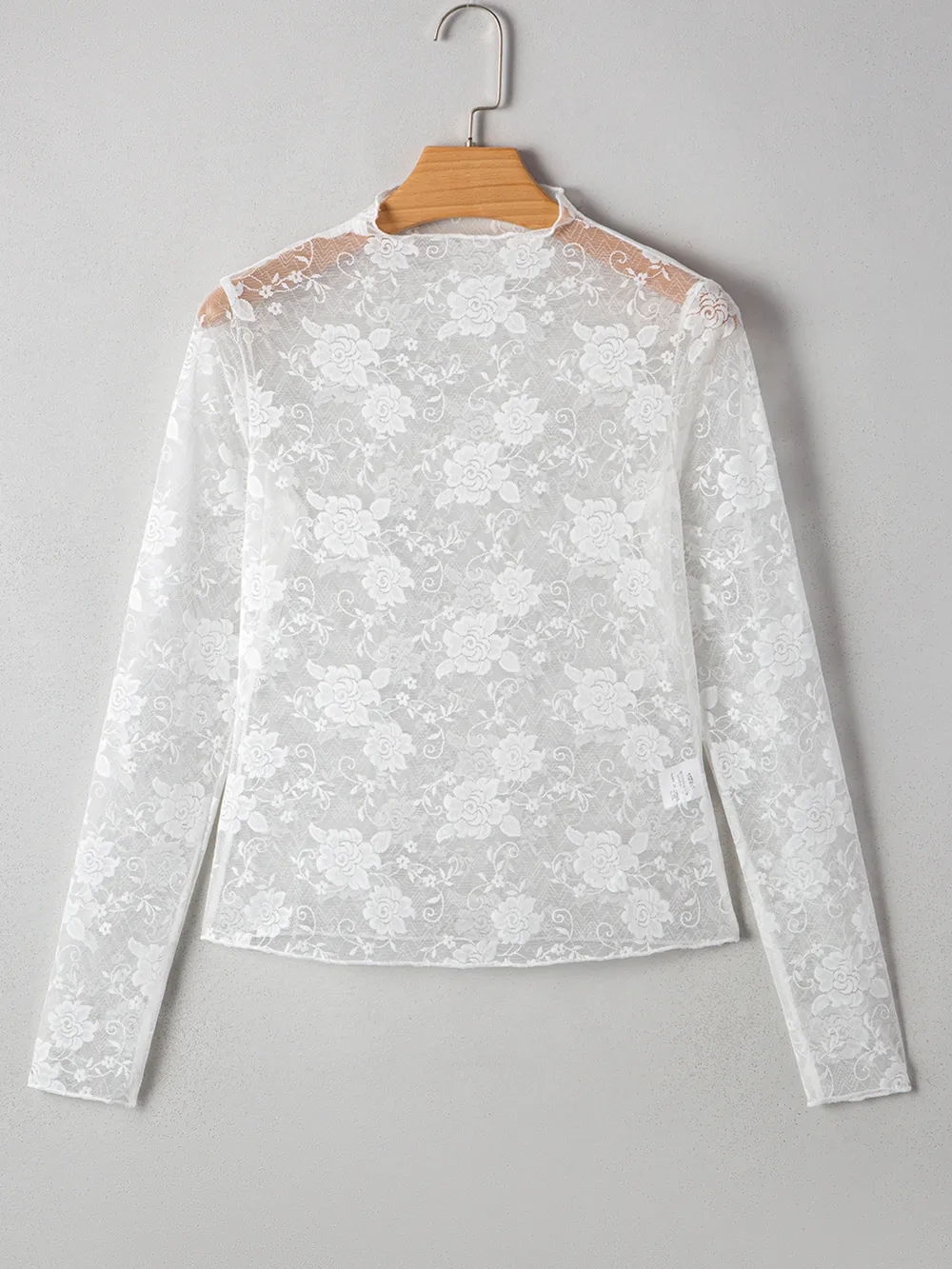 Sheer Floral Lace Mesh Mock Neck Long Sleeve Top, image 10