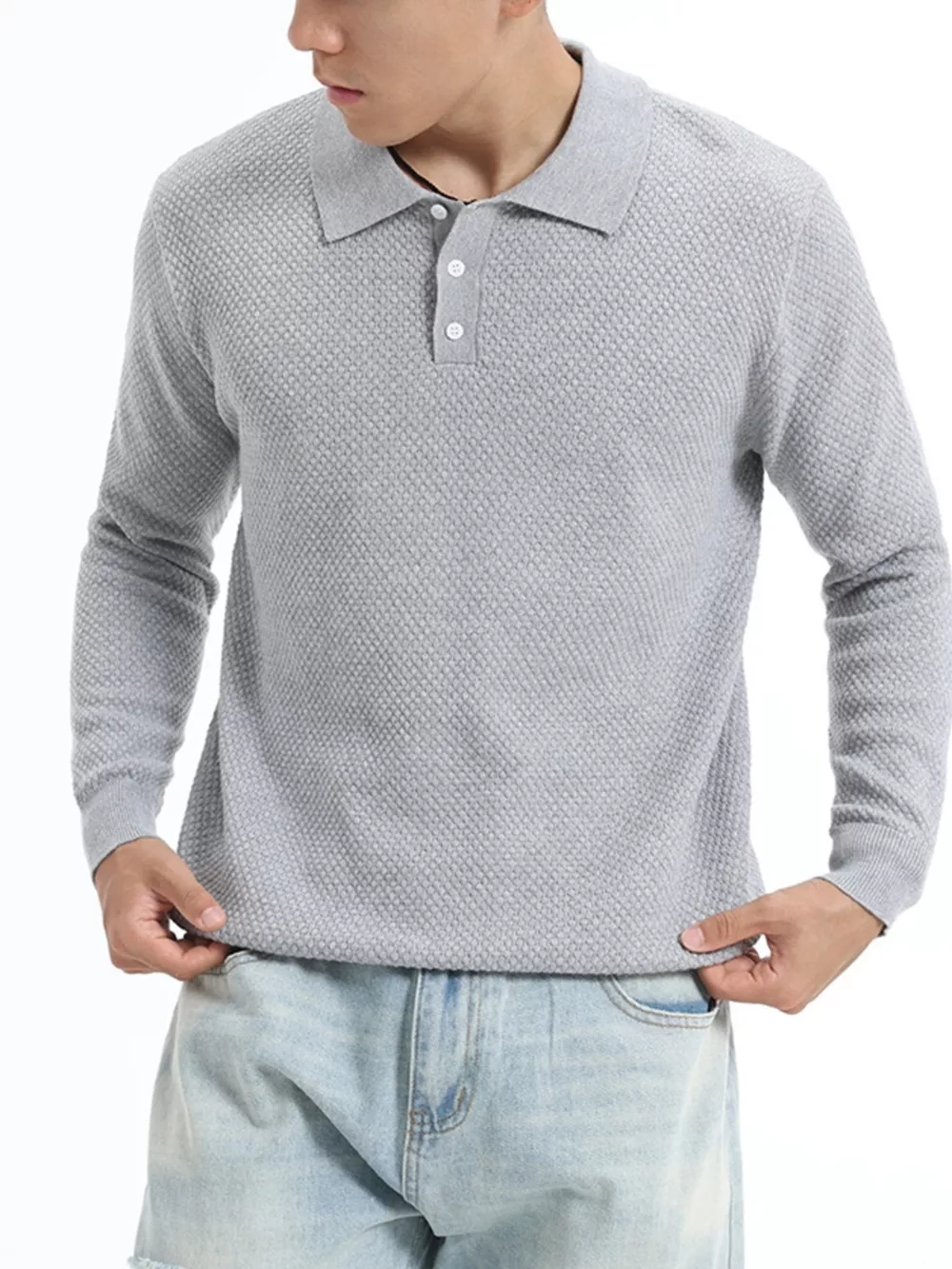 Men's Plus Size Textured Knit Polo Collar Sweater, image 7
