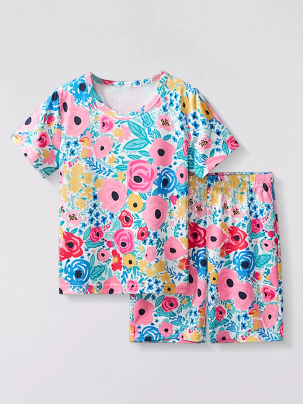 Children's Floral Round Neck Tee and Shorts Set