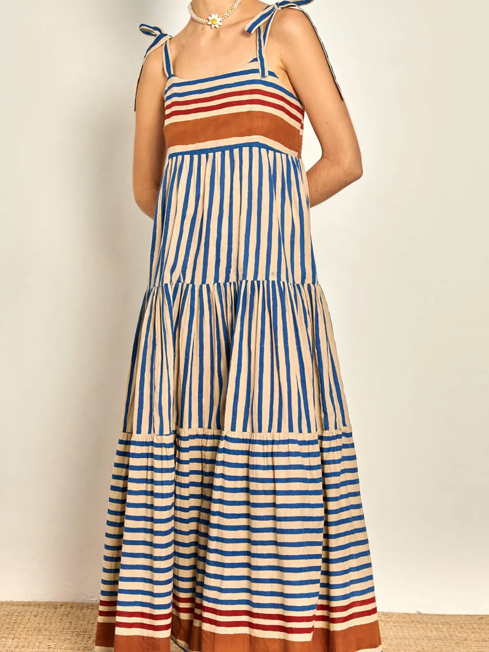 Striped Tie-Shoulder Tiered Maxi Dress