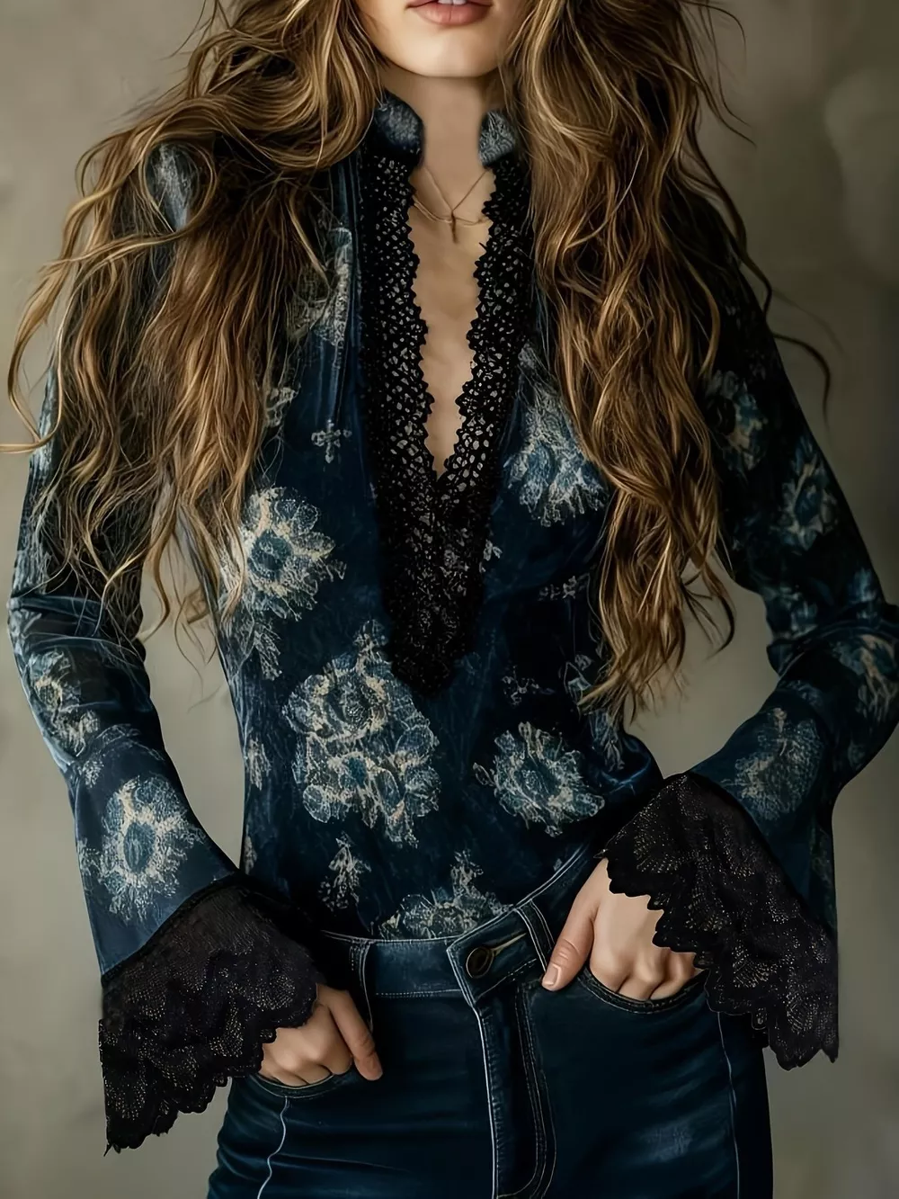 Lace Trim Flare Sleeves Blouse