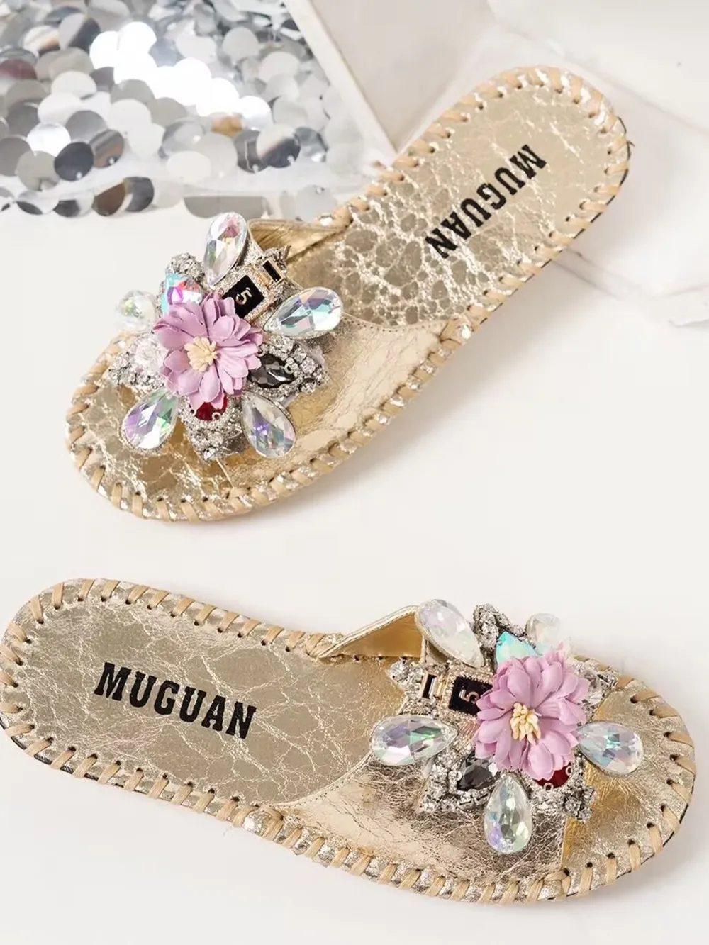 Floral Embellished Slide Sandals, image 4