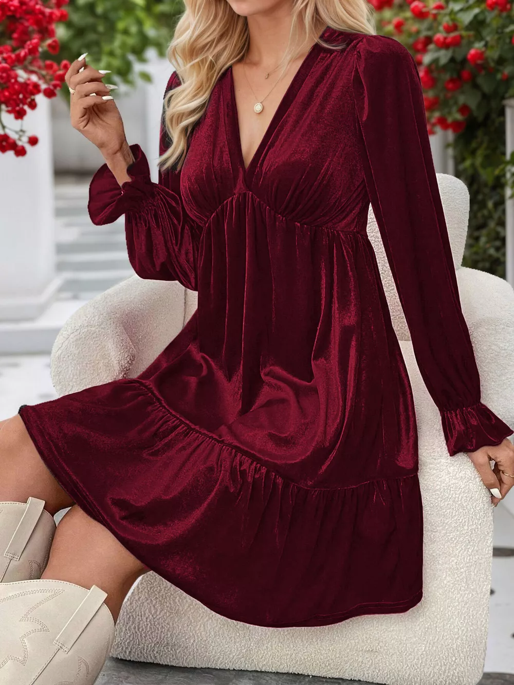Velvet V-Neck Long Sleeve Ruffle Hem Mini Dress, image 3
