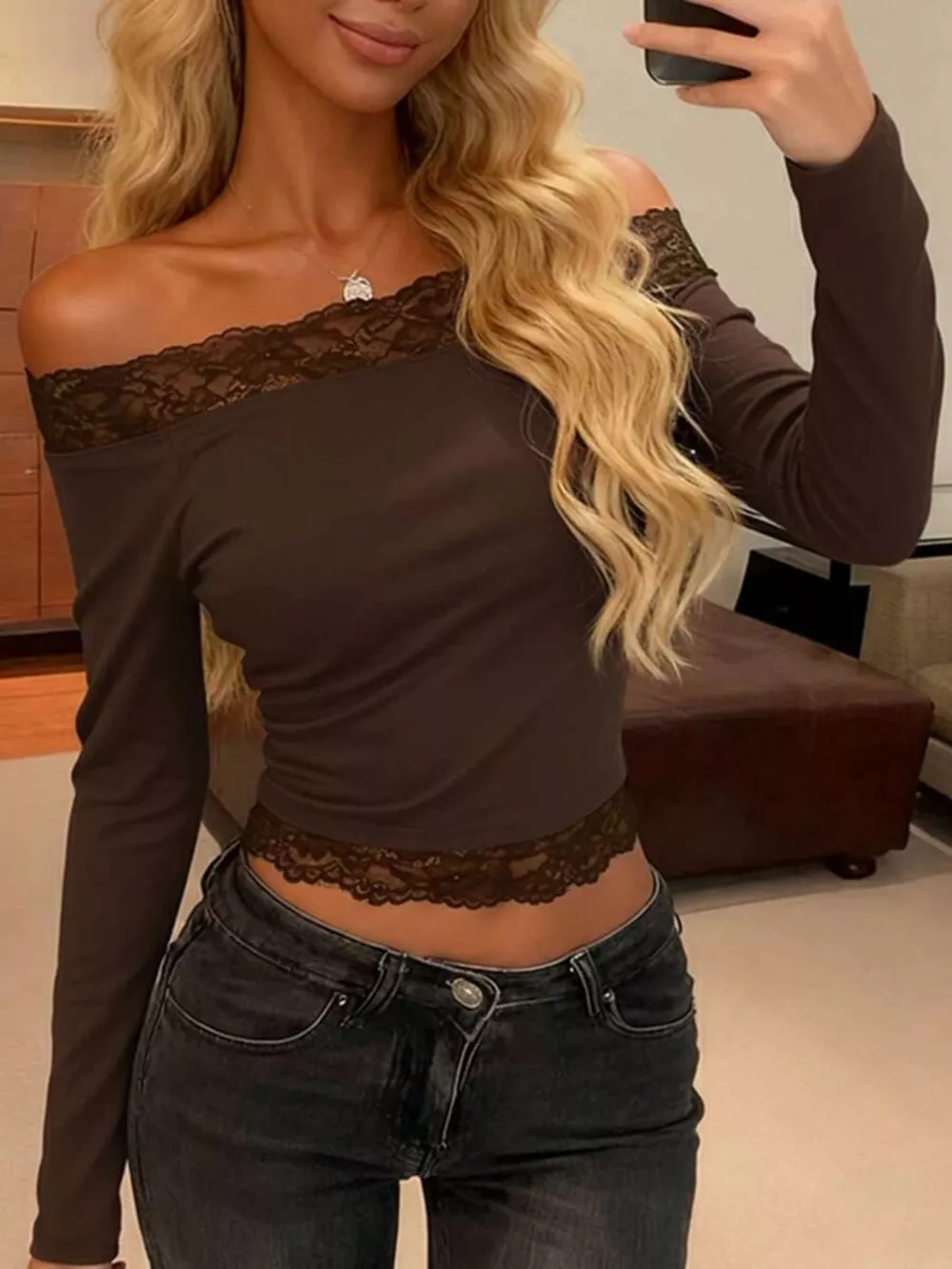 Off-Shoulder Lace Trim Long Sleeve T-Shirt, image 8