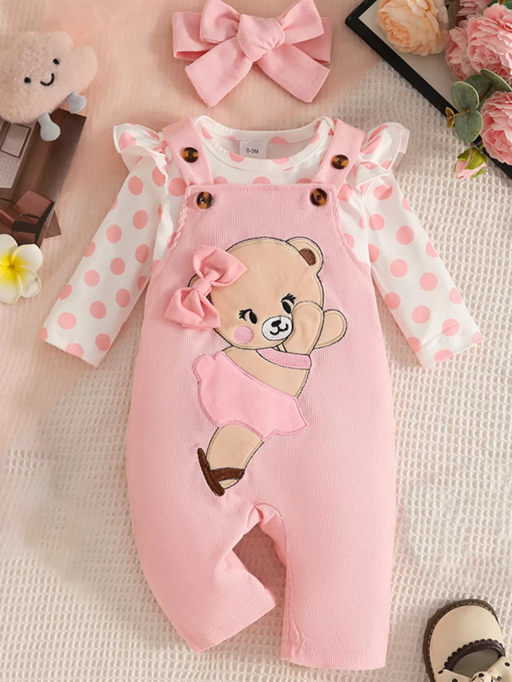 Children's 3-Piece Cute Bear Applique Overalls and Bodysuit Set with Headband