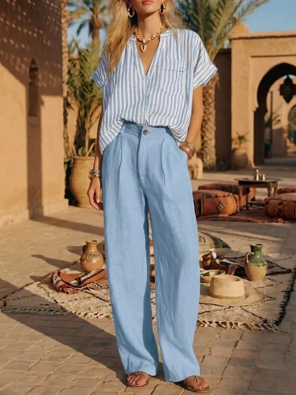 Full Size Striped Button Up Shirt and Pants Set Plus Size, image 5