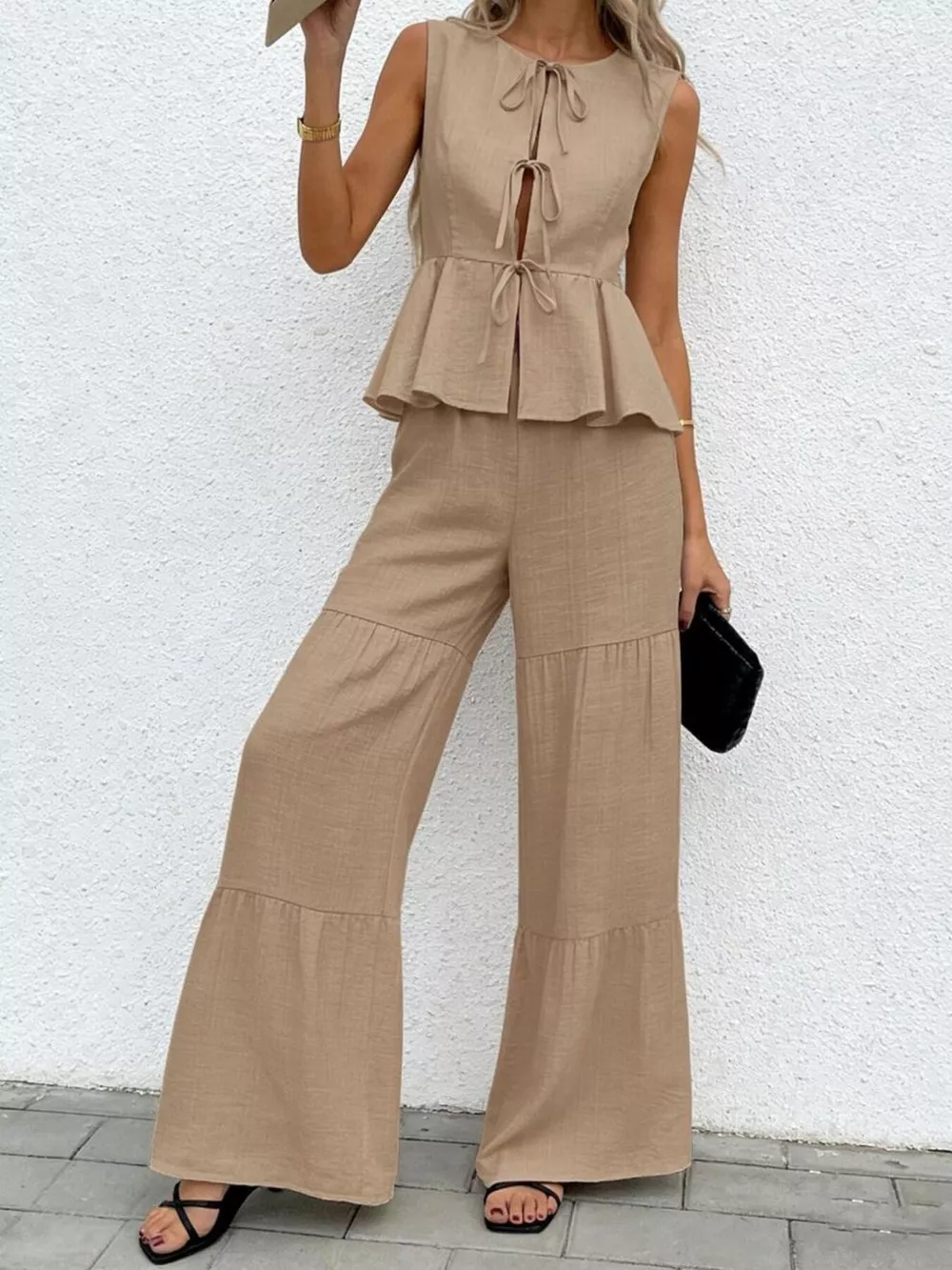 Sleeveless Tie-Front Top and Wide Leg Pants Set, image 7