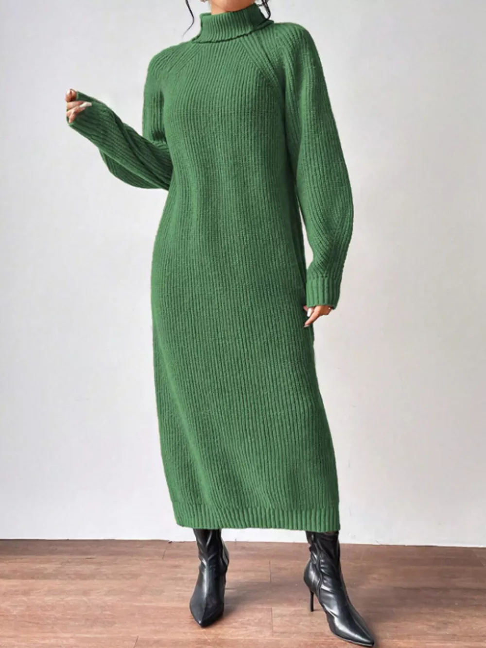 Turtleneck Ribbed Knit Midi Sweater Dress, image 5