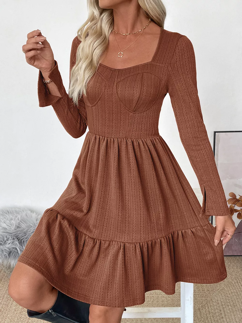 Ruffled Hem Long Sleeve Knit Dress, image 8