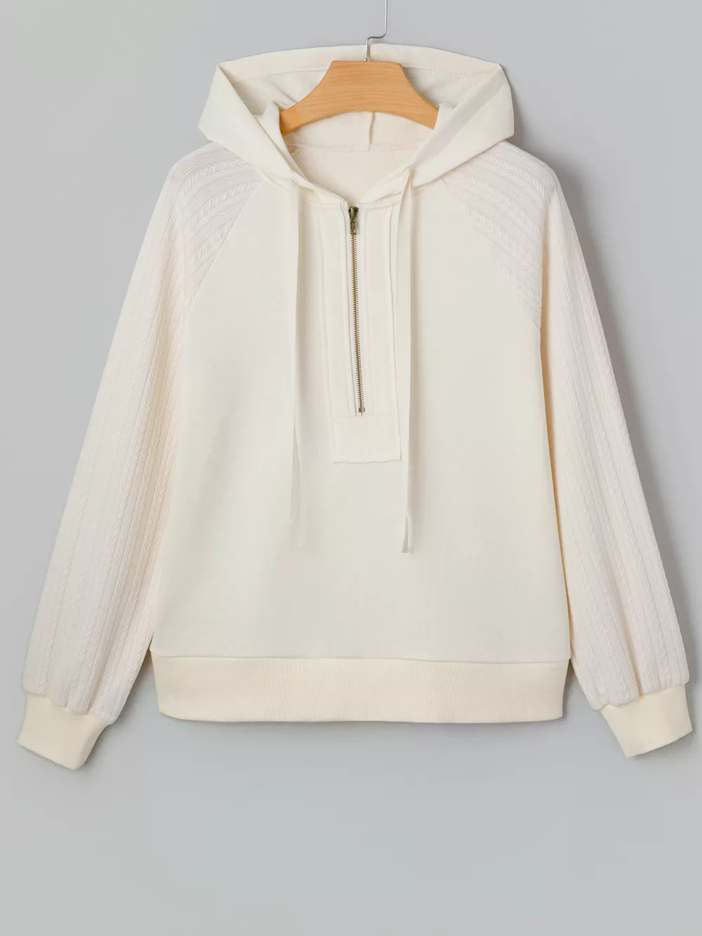 Solid Color Textured Sleeve Patchwork Half Zip Hoodie, image 9