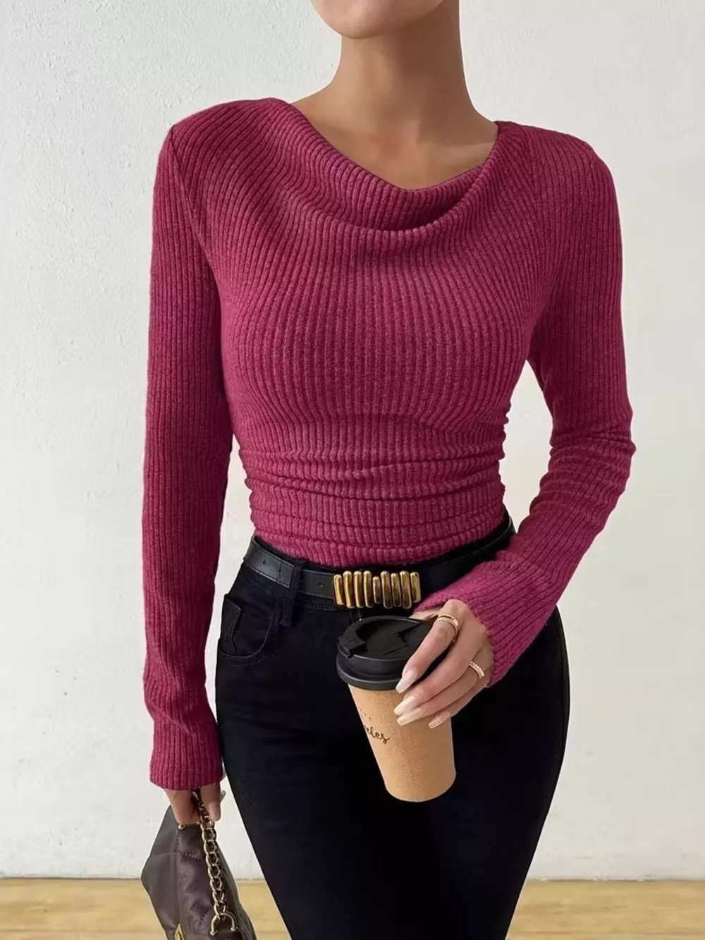 Cowl Neck Ribbed Long Sleeve Sweater, image 18