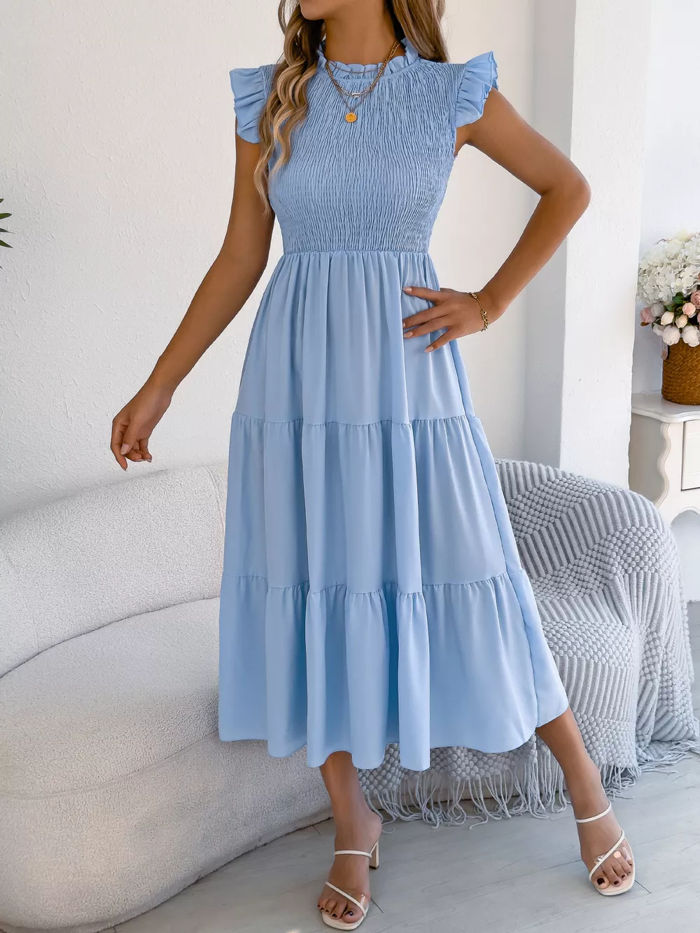 Smocked Ruffled Cap Sleeve Dress, image 10