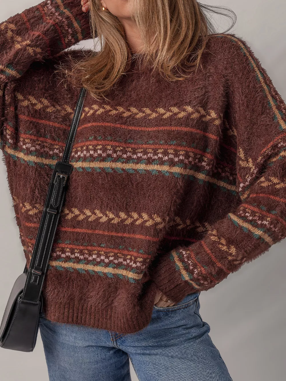 Ethnic Pattern Mohair Knitted Drop Shoulder Sweater, image 6