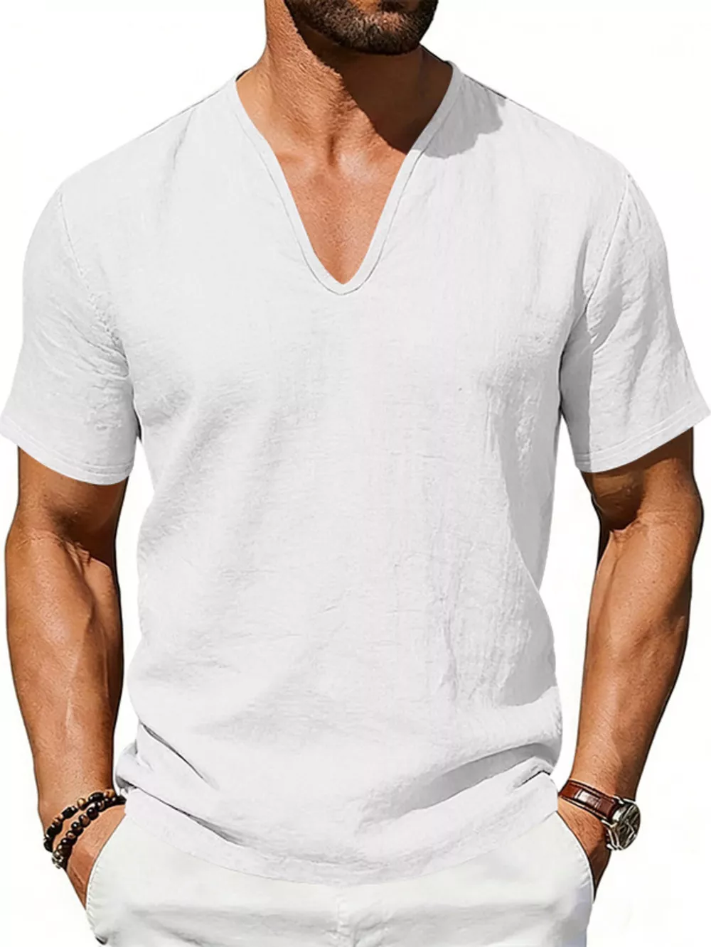Men's Full Size Casual V-Neck Linen T-Shirt Plus Size, image 9
