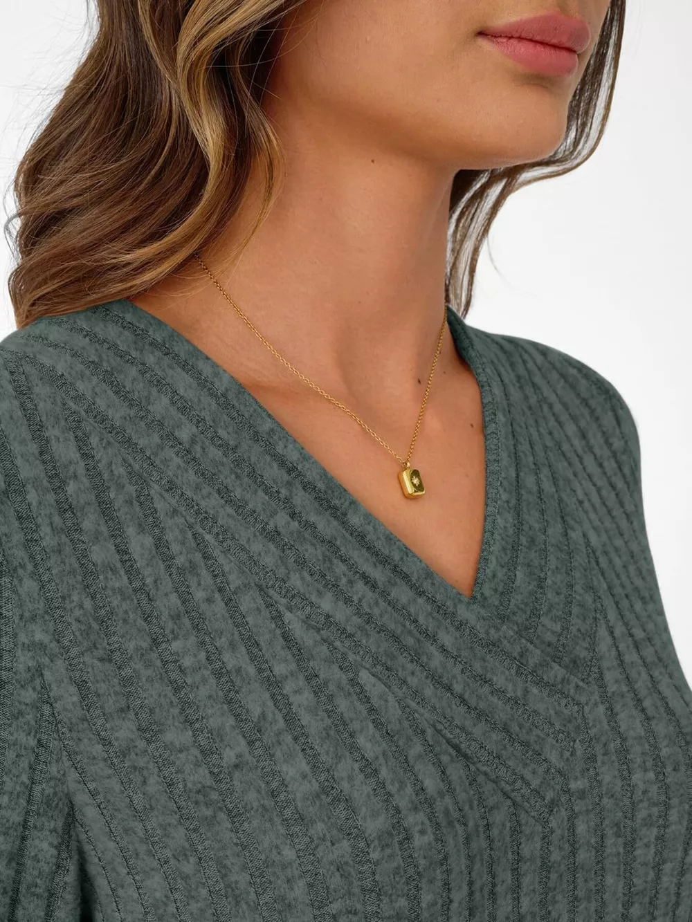 Ribbed Knit V-Neck Long Sleeve T-Shirt, image 6