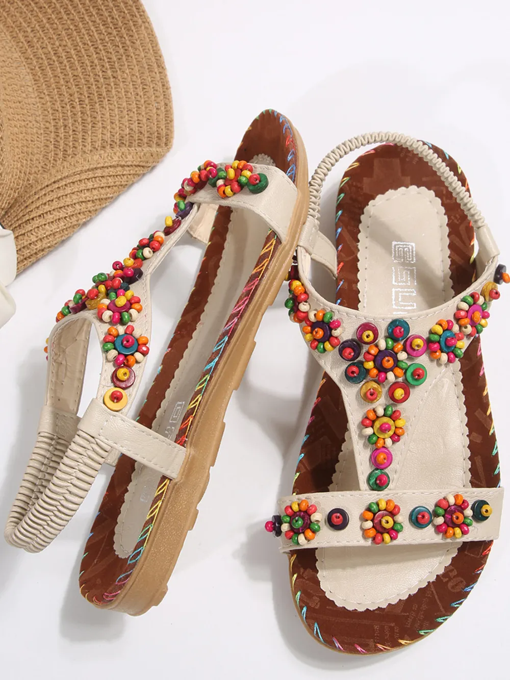Beaded T-Strap Flat Sandals
