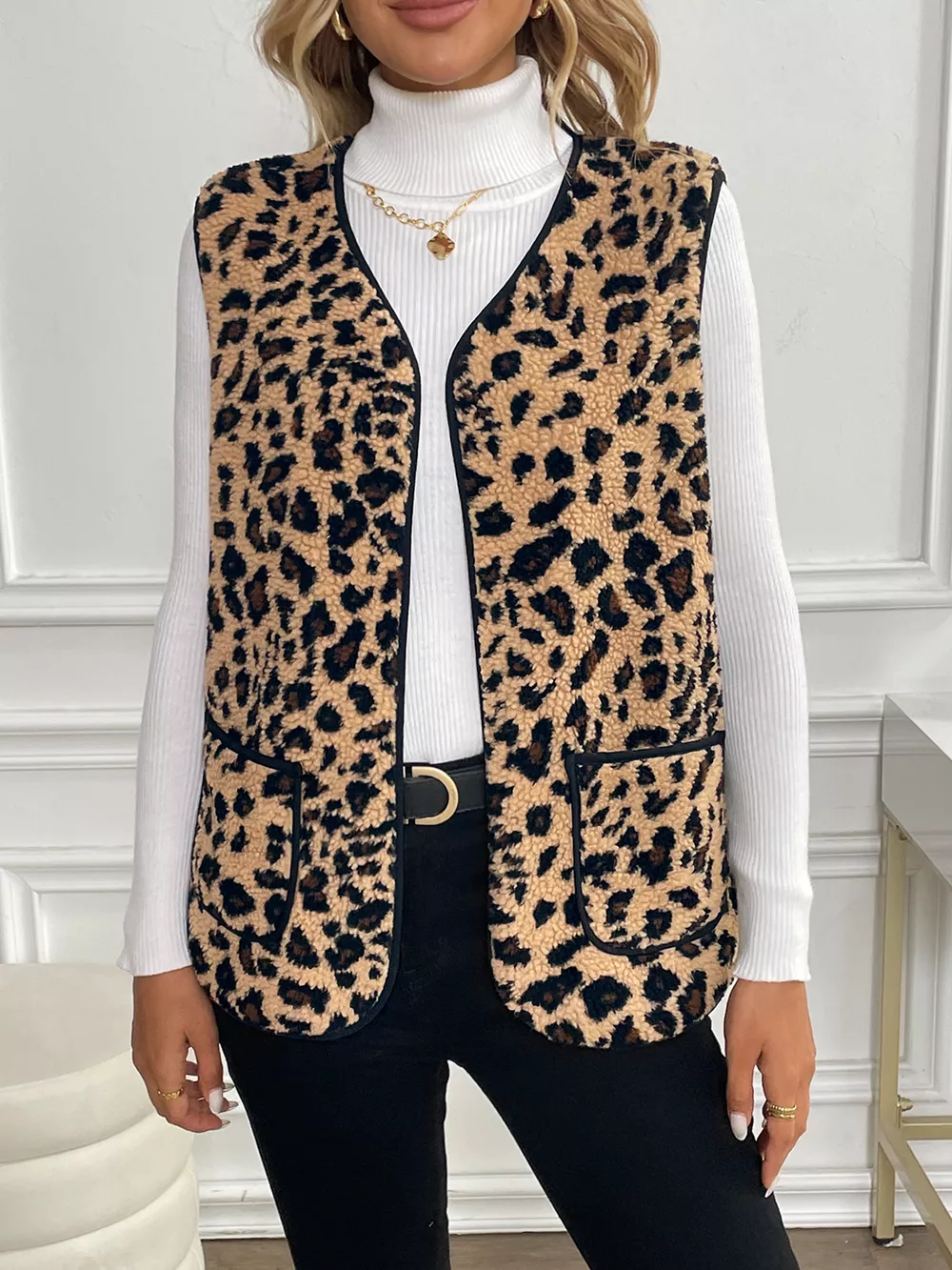 Leopard Fleece Vest Coat with Pockets
