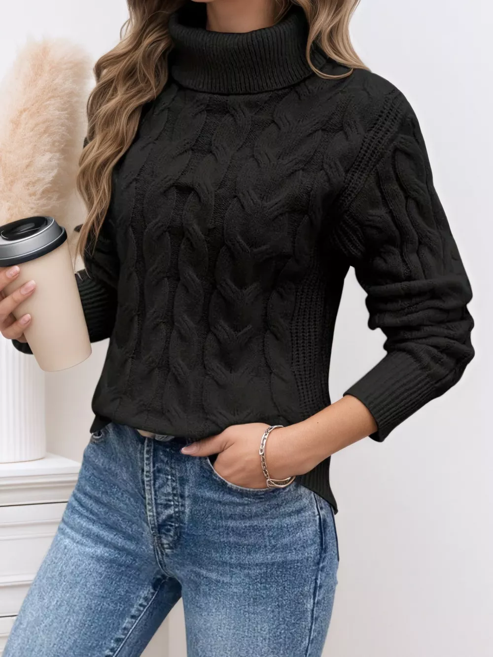 Cable Knit Turtleneck Long Sleeve Sweater, image 9
