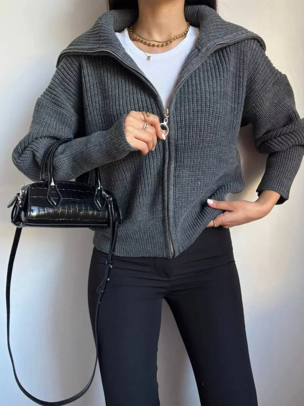 Zip Up Dropped Shoulder Cardigan, image 2