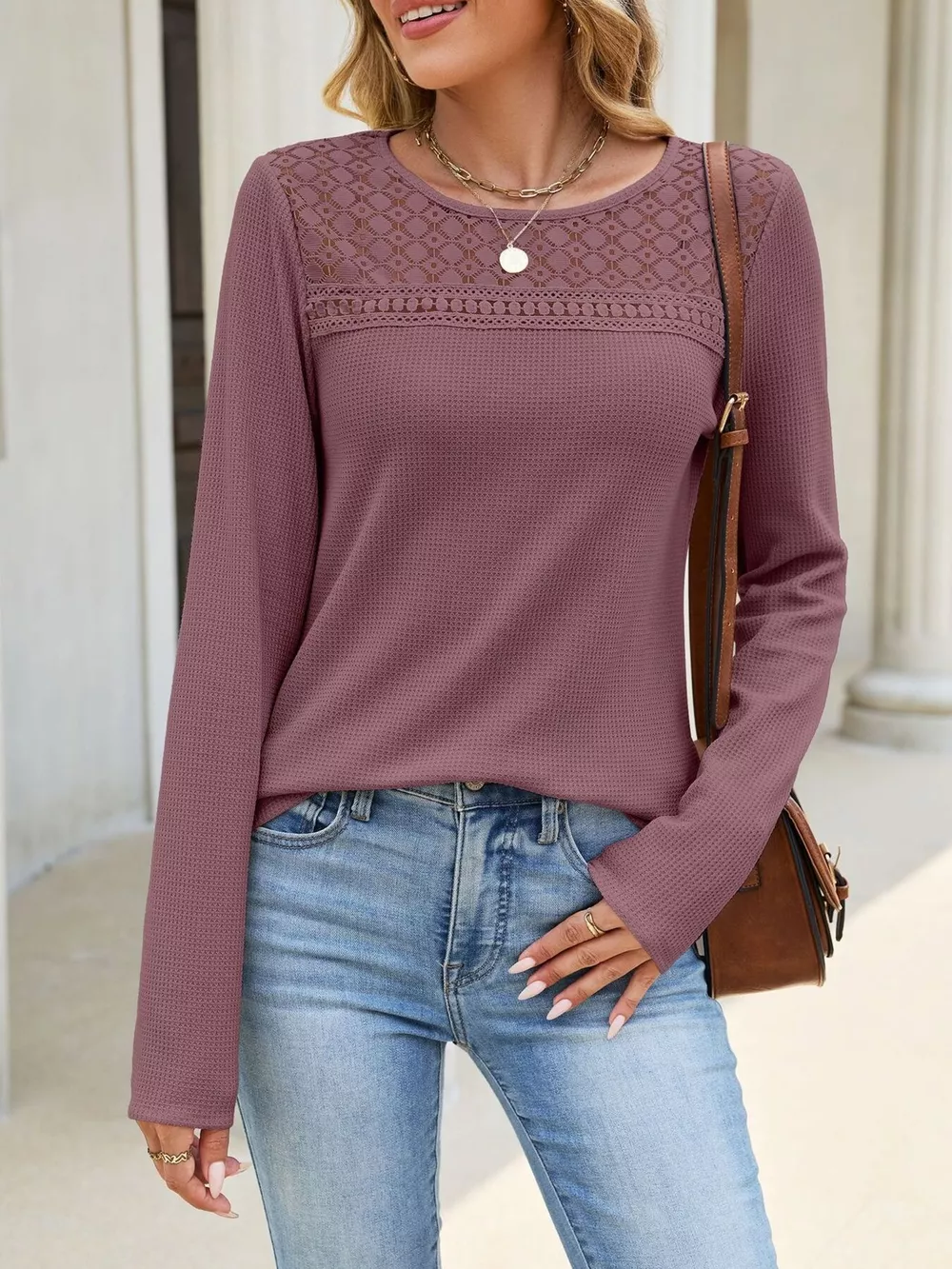 Lace Panel Waffle Knit Long Sleeve T-Shirt, image 15