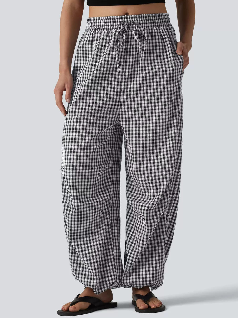 High-Waisted Gingham Wide-Leg Drawstring Pants, image 6