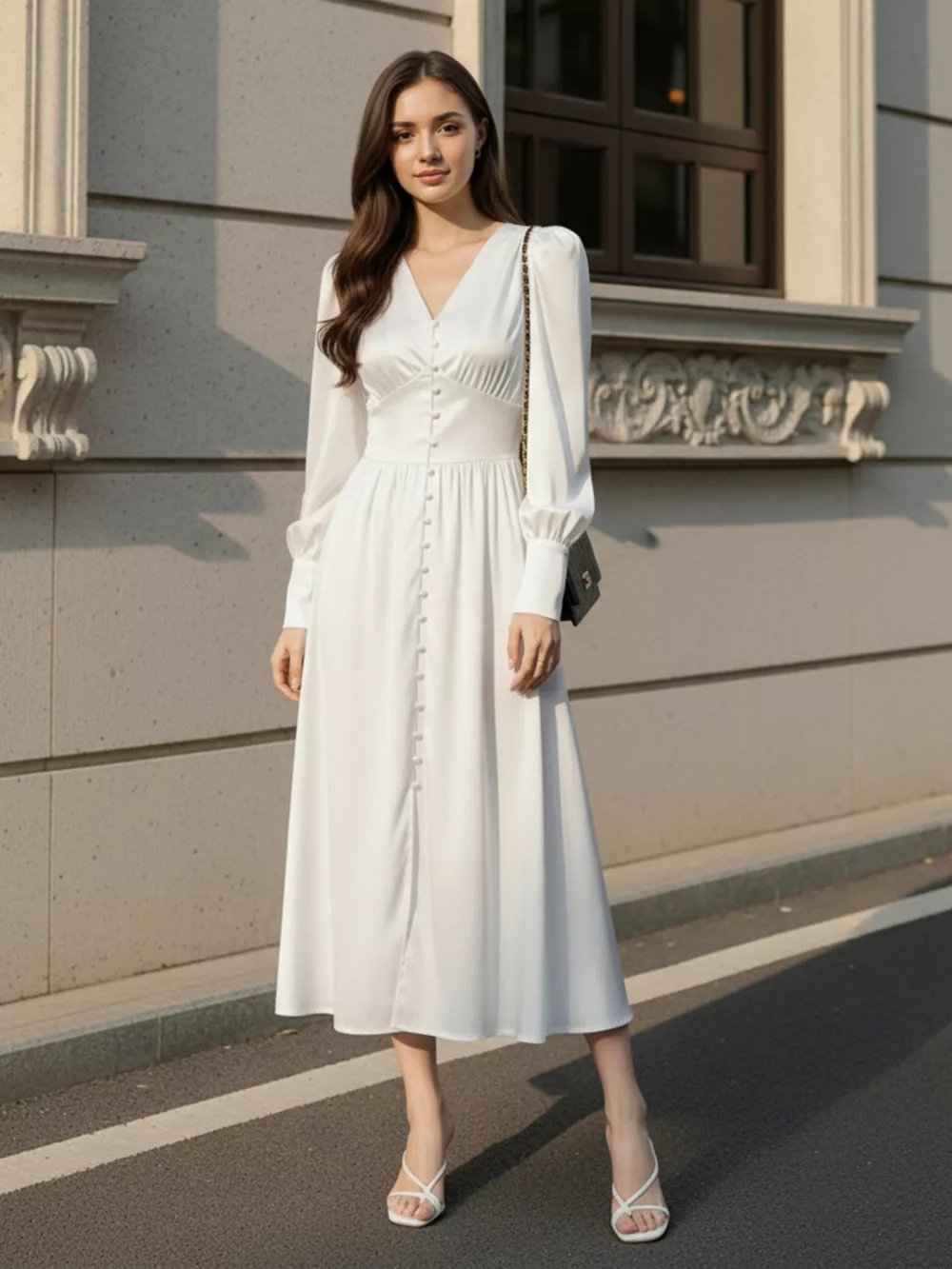 V-Neck Lantern Sleeve Midi Dress, image 3