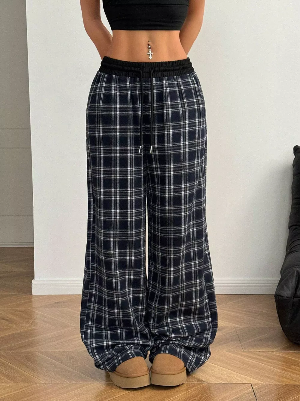 Plaid Wide-Leg Pants with Elastic Waistband, image 11